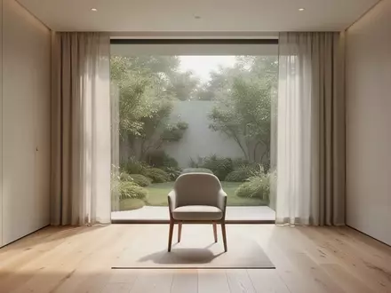 Ein ruhiger, lichtdurchfluteter Meditationsraum in einer modernen Klinik mit Blick in einen grünen Garten. - Foto: über boerse-global.de