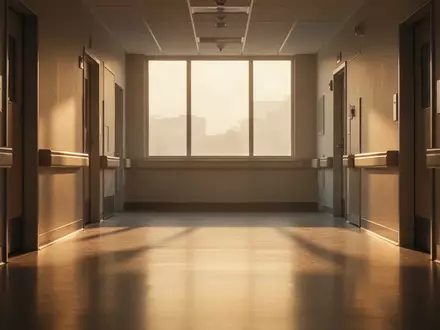 Ein leerer, sonnendurchfluteter Krankenhausflur mit minimalistischer Architektur und klaren Licht-Schatten-Kontrasten. - Foto: über boerse-global.de
