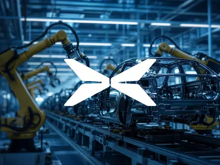 Abstrakte Darstellung einer modernen Automobil-Fertigungslinie in einer Fabrikhalle mit kühler, dramatischer Beleuchtung. - Foto: über boerse-global.de