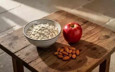 Eine Schale mit Haferflocken, ein frischer Apfel und Mandeln auf einem Holztisch bei natürlichem Licht. - Foto: über boerse-global.de