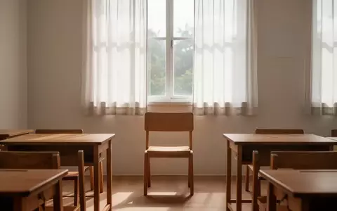 Ein ruhiger, sonnendurchfluteter Klassenraum mit minimalistischen Holzmöbeln und einem leeren Stuhl vor einem Fenster. - Foto: über boerse-global.de