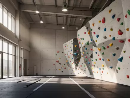 Ein heller, moderner Sportraum mit Klettergriffen an einer Betonwand und professionellem Bodenbelag. - Foto: über boerse-global.de