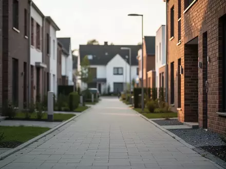 Ruhige Wohnstraße in einer deutschen Vorstadt mit Einfamilienhäusern bei natürlichem Tageslicht. - Foto: über boerse-global.de