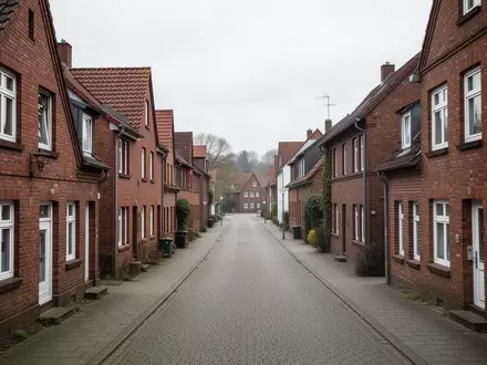 Eine ruhige Wohnstraße mit traditionellen Backsteinhäusern an einem bewölkten Tag. - Foto: über boerse-global.de