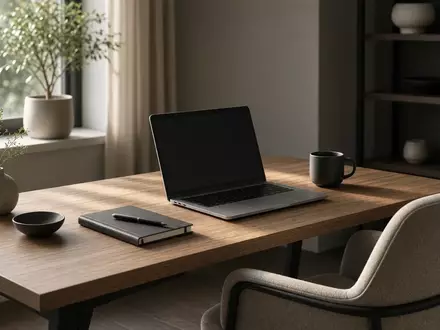 Ein minimalistischer Schreibtisch mit einem Laptop in einem hellen, ruhigen Büro bei natürlichem Tageslicht. - Foto: über boerse-global.de