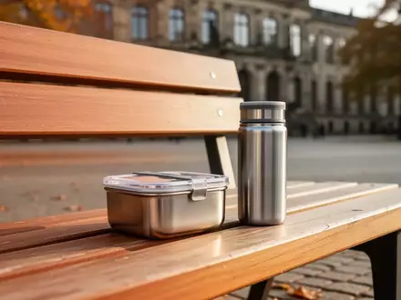 Ein hochwertiger Mehrwegbehälter und ein Thermobecher auf einer Parkbank vor einer historischen Fassade in Potsdam. - Foto: über boerse-global.de