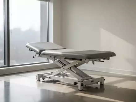 Ein minimalistischer, heller Behandlungsraum in einer physiotherapeutischen Praxis mit einer medizinischen Untersuchungsliege. - Foto: über boerse-global.de