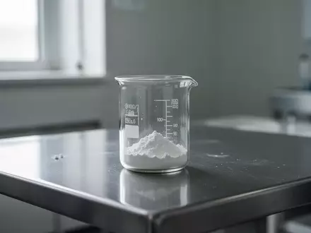 Ein leeres Glasgefäß mit weißem Pulver auf einem Labortisch in einer sterilen Umgebung. - Foto: über boerse-global.de