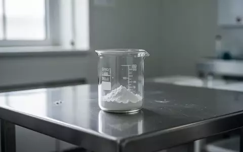 Ein leeres Glasgefäß mit weißem Pulver auf einem Labortisch in einer sterilen Umgebung. - Foto: über boerse-global.de