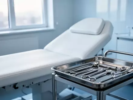 Ein minimalistischer, heller Behandlungsraum in einer Klinik mit einer medizinischen Untersuchungsliege und einem Instrumententisch. - Foto: über boerse-global.de