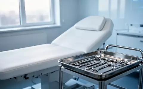 Ein minimalistischer, heller Behandlungsraum in einer Klinik mit einer medizinischen Untersuchungsliege und einem Instrumententisch. - Foto: über boerse-global.de