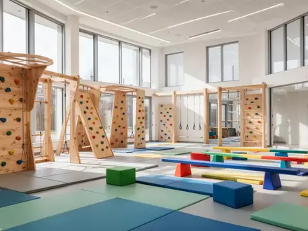 Ein heller, moderner Bewegungsraum in einer Kindertagesstätte mit Klettergerüsten und Sportmatten bei natürlichem Tageslicht. - Foto: über boerse-global.de