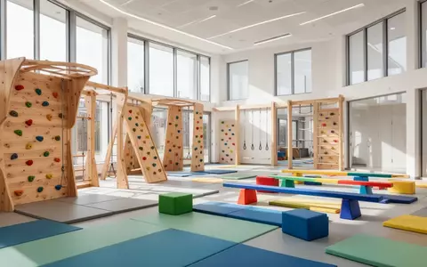 Ein heller, moderner Bewegungsraum in einer Kindertagesstätte mit Klettergerüsten und Sportmatten bei natürlichem Tageslicht. - Foto: über boerse-global.de