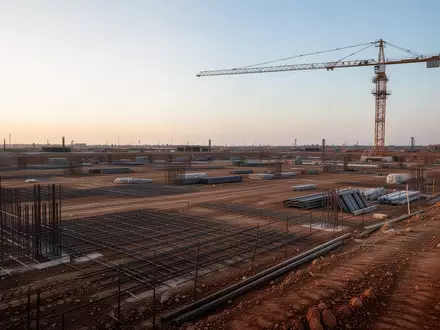Eine weitläufige Baustelle mit Baustahlmatten und einem Baukran auf einer planierten Fläche bei Tagesanbruch. - Foto: über boerse-global.de