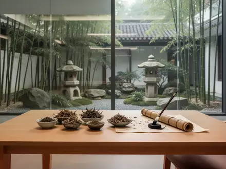 Ein moderner, minimalistischer Lernraum mit Blick auf einen traditionellen chinesischen Garten, mit Heilkräutern und Kalligrafie-Utensilien auf einem Holztisch. - Foto: über boerse-global.de