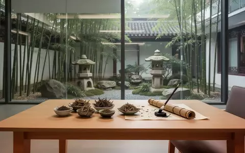 Ein moderner, minimalistischer Lernraum mit Blick auf einen traditionellen chinesischen Garten, mit Heilkräutern und Kalligrafie-Utensilien auf einem Holztisch. - Foto: über boerse-global.de