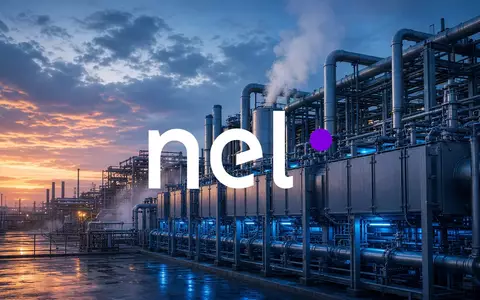 Moderne Wasserstoff-Industrieanlage bei Dämmerung mit atmosphärischer Beleuchtung und technischer Infrastruktur. - Foto: über boerse-global.de