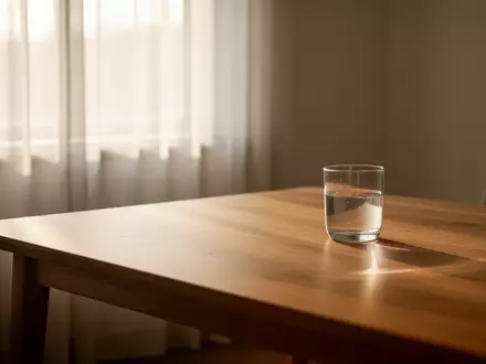 Ein ruhiger, minimalistischer Raum mit einem leeren Holztisch und einem Glas Wasser im weichen Tageslicht. - Foto: über boerse-global.de
