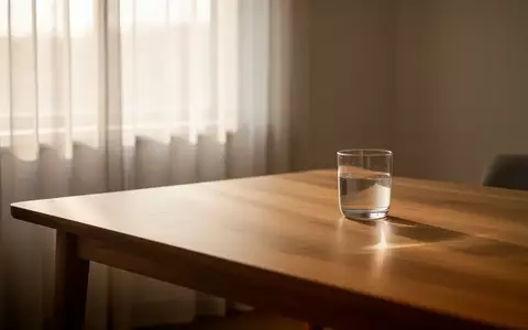 Ein ruhiger, minimalistischer Raum mit einem leeren Holztisch und einem Glas Wasser im weichen Tageslicht. - Foto: über boerse-global.de