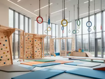 Ein heller, moderner Bewegungsraum für Kinder mit Kletterelementen, Bodenmatten und Turnringen in einer Sporthalle. - Foto: über boerse-global.de
