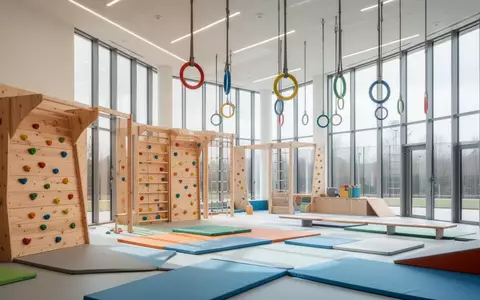 Ein heller, moderner Bewegungsraum für Kinder mit Kletterelementen, Bodenmatten und Turnringen in einer Sporthalle. - Foto: über boerse-global.de