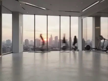 Modernes, minimalistisches Fitnessstudio mit groĂźen Fenstern und Blick auf die Stadt bei Sonnenuntergang. - Foto: ĂĽber boerse-global.de
