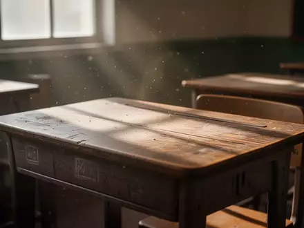 Ein leerer, traditioneller Holztisch in einem stillen Klassenzimmer, beleuchtet durch einfallendes Sonnenlicht. - Foto: ĂĽber boerse-global.de