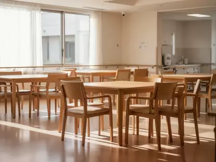 Ein heller, leerer Speisesaal in einer Senioreneinrichtung mit ordentlich arrangierten Tischen und Stühlen bei Tageslicht. - Foto: über boerse-global.de