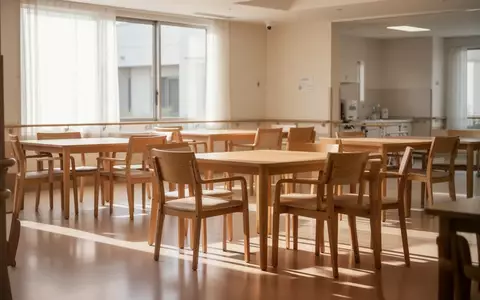 Ein heller, leerer Speisesaal in einer Senioreneinrichtung mit ordentlich arrangierten Tischen und Stühlen bei Tageslicht. - Foto: über boerse-global.de