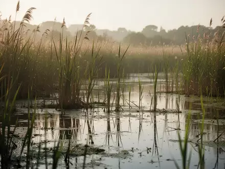 Ein sumpfiges Feuchtgebiet mit hohem Schilf und stehendem Gewässer in einer südeuropäischen Landschaft. - Foto: über boerse-global.de