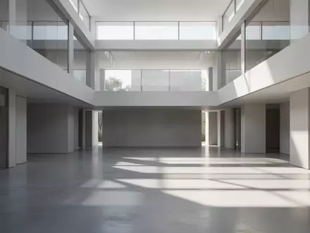 Ein minimalistisches, lichtdurchflutetes Atrium mit klaren architektonischen Linien und geometrischen Schattenwürfen. - Foto: über boerse-global.de