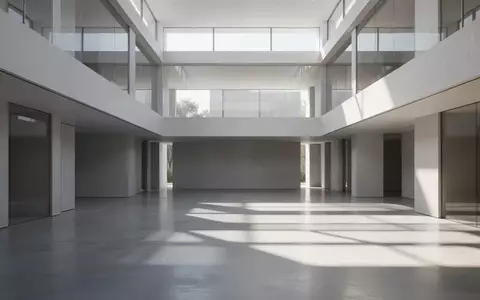 Ein minimalistisches, lichtdurchflutetes Atrium mit klaren architektonischen Linien und geometrischen Schattenwürfen. - Foto: über boerse-global.de