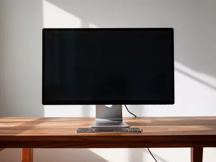Ein minimalistischer Arbeitsplatz mit einem professionellen Monitor und einem hellen, sonnendurchfluteten Studio. - Foto: über boerse-global.de