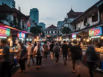 Eine belebte städtische Marktstraße in Jakarta bei Dämmerung mit atmosphärischer Beleuchtung und geschäftigem Treiben. - Foto: über boerse-global.de