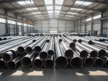 Moderne Stahlrohrproduktion in einer hellen Industriehalle mit sauber gestapelten Stahlrohren. - Foto: über boerse-global.de