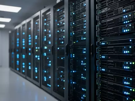 Moderne Serveranlage mit blau leuchtenden LED-Anzeigen in einem professionellen Rechenzentrum. - Foto: über boerse-global.de
