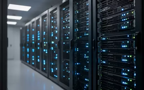 Moderne Serveranlage mit blau leuchtenden LED-Anzeigen in einem professionellen Rechenzentrum. - Foto: über boerse-global.de