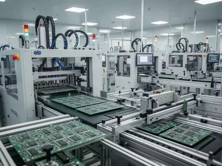 Moderne, automatisierte Produktionsanlage einer Leiterplattenfabrik in einem hellen, industriellen Umfeld. - Foto: über boerse-global.de