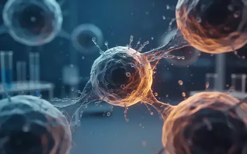 Mikroskopische Aufnahme von biologischen Zellstrukturen in einem Labor mit blauem und bernsteinfarbenem Licht. - Foto: über boerse-global.de
