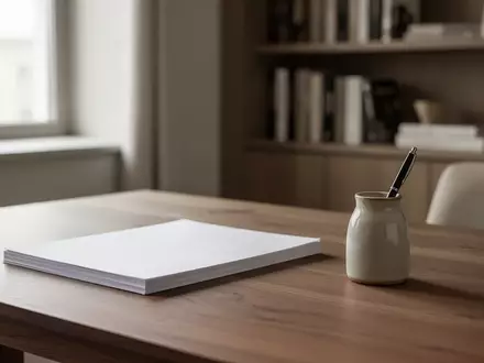 Ein minimalistisch gestalteter Arbeitsbereich mit einem Holztisch, Papier und einem Stiftehalter bei natürlichem Licht. - Foto: über boerse-global.de