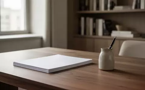 Ein minimalistisch gestalteter Arbeitsbereich mit einem Holztisch, Papier und einem Stiftehalter bei natürlichem Licht. - Foto: über boerse-global.de