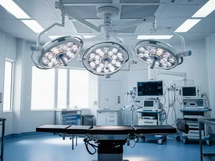 Moderner, steriler Operationssaal mit medizinischen Beleuchtungssystemen und technischer Ausstattung in einem Krankenhaus. - Foto: über boerse-global.de