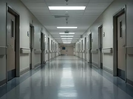 Ein leerer, steriler Krankenhausflur mit glänzendem Boden und geschlossenen Türen bei klinischer Beleuchtung. - Foto: über boerse-global.de