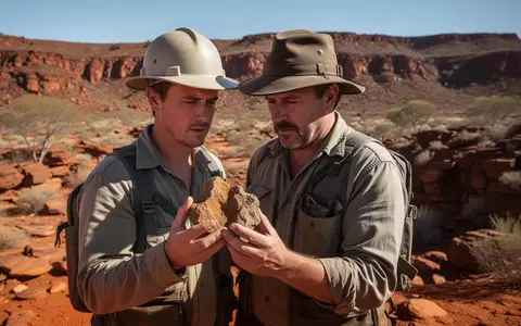 Geologe untersucht eine Gesteinsprobe in einer trockenen, felsigen Landschaft im australischen Outback. - Foto: über boerse-global.de