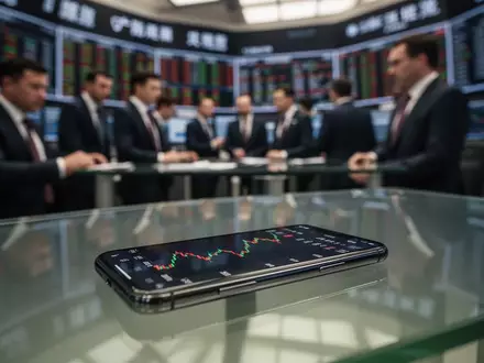Börsenparkett mit unscharfen Finanzhändlern und einem Smartphone, das einen Aktienchart anzeigt. - Foto: über boerse-global.de