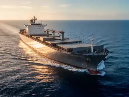 Ein modernes Frachtschiff auf offener See bei Sonnenuntergang. - Foto: über boerse-global.de