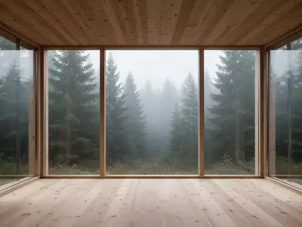 Minimalistische Holzhütte mit Blick in einen nebligen Nadelwald als Symbol für Ruhe und bewusste Erholung. - Foto: über boerse-global.de