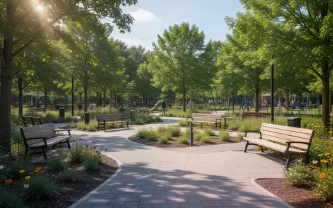 Ein sonniger Park mit befestigten Gehwegen und Sitzbänken, der zu Bewegung und Erholung im Freien einlädt. - Foto: über boerse-global.de