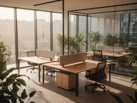 Ein minimalistisch gestaltetes, helles Büro mit leeren Schreibtischen und Pflanzen in einer ruhigen, professionellen Umgebung. - Foto: über boerse-global.de