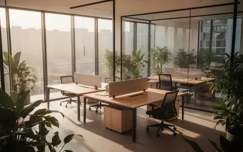 Ein minimalistisch gestaltetes, helles Büro mit leeren Schreibtischen und Pflanzen in einer ruhigen, professionellen Umgebung. - Foto: über boerse-global.de